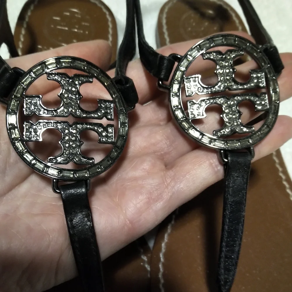 Tory Burch Black Leather Sandals with Signature Medallion